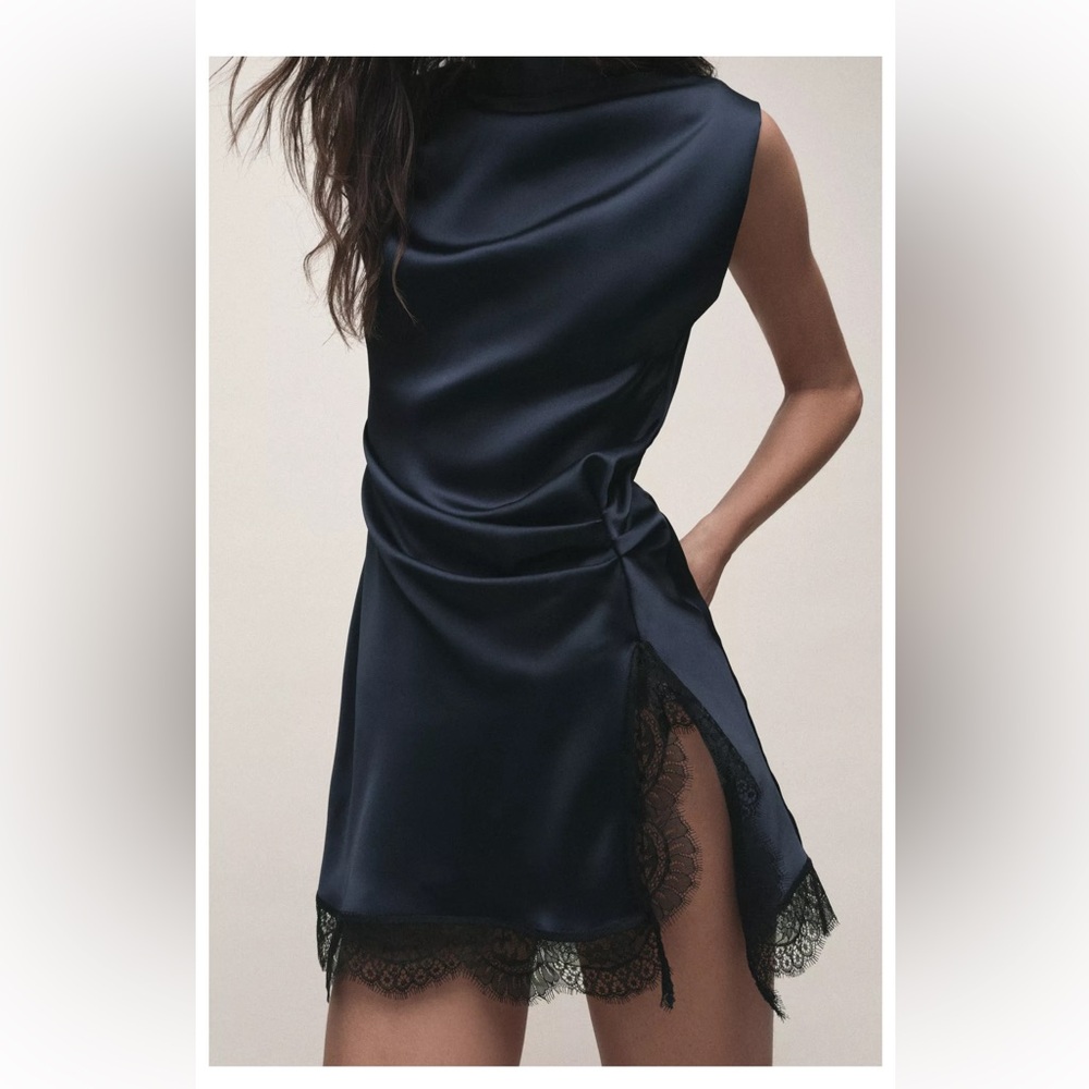 Zara Navy Satin Chemise with Black Lace Trim